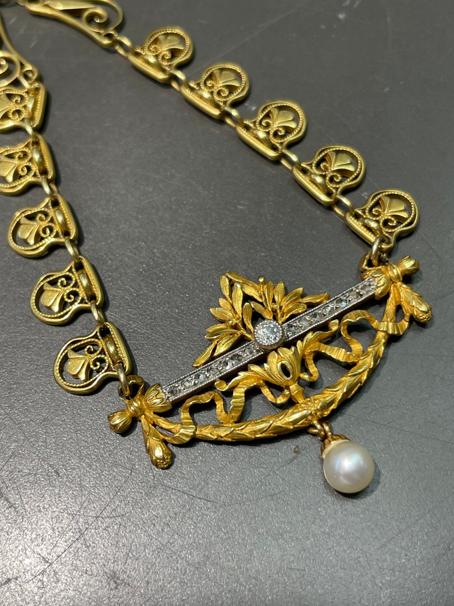 Antique French 18K Yellow Gold Diamond Pearl Filigree Collier Necklace