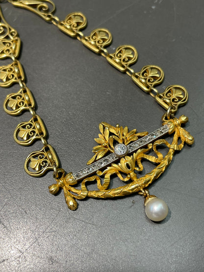 Antique French 18K Yellow Gold Diamond Pearl Filigree Collier Necklace