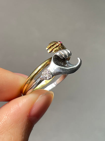 Victorian 18K Yellow Gold and Platinum Ruby Diamond Gimmel Hand Ring