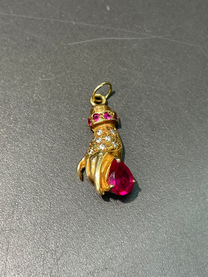 Antique 18K Gold Figural Hand with Ruby Diamond Pendant