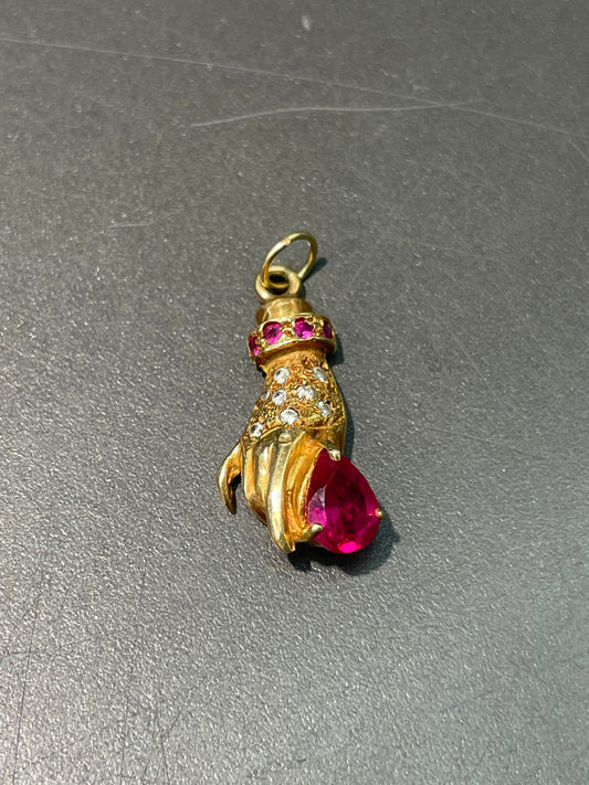 Antique 18K Gold Figural Hand with Ruby Diamond Pendant