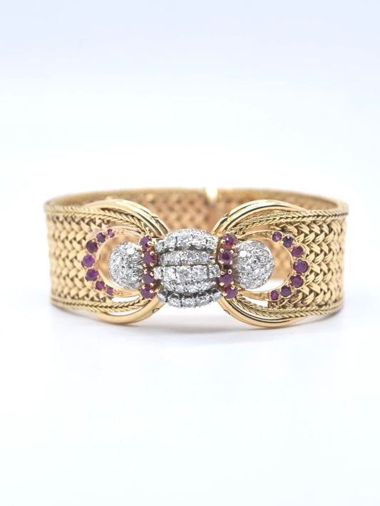 Vintage French 18K Gold Diamond and Ruby Hidden Watch Bracelet