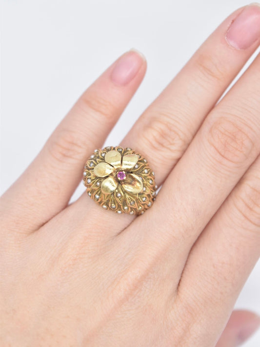 Vintage 14K Gold Ruby and Pearl Dome Dome Ring