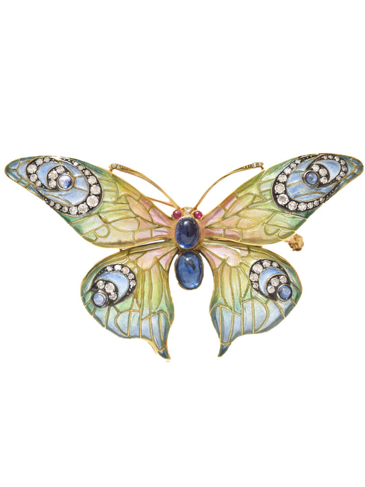 Art Nouveau 14K Yellow Gold Plique-a-Jour Sapphire Diamond Butterfly Brooch