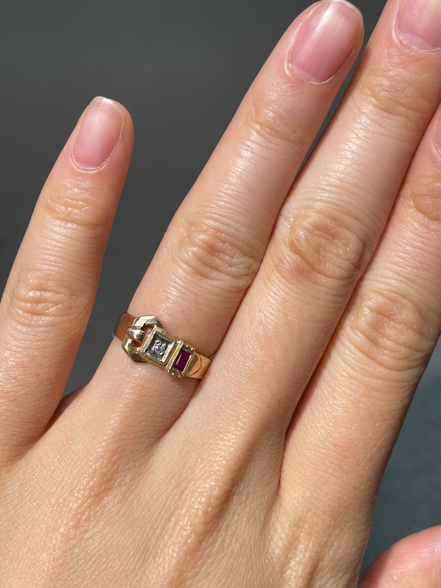 Vintage 14K Gold Diamond Ruby Buckle Belt Ring