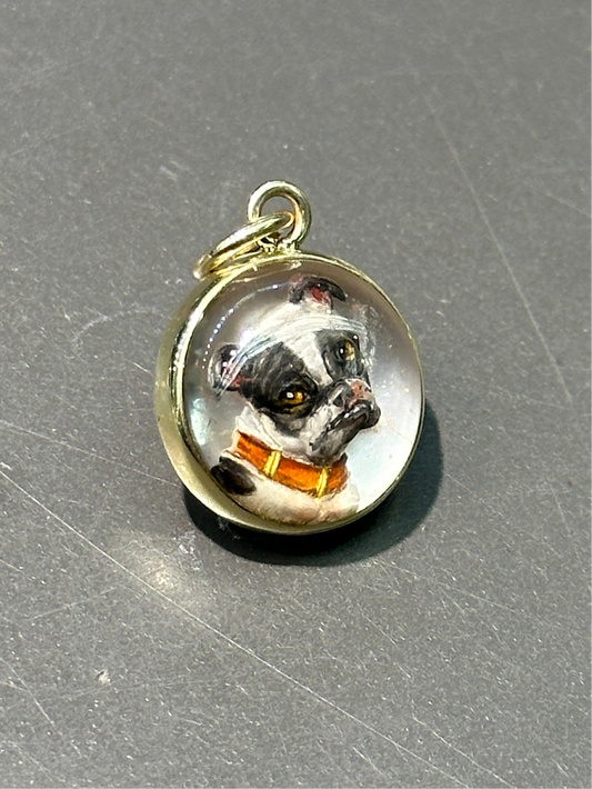 古董 14K 金反向彩绘埃塞克斯水晶斗牛犬吊坠