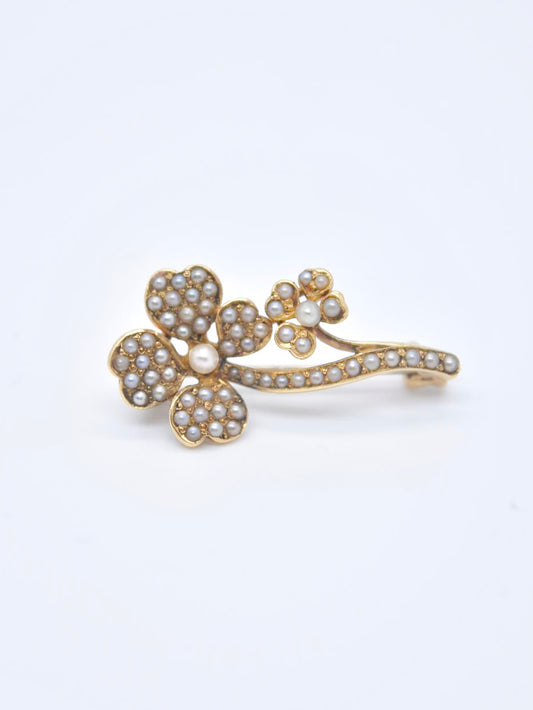 Art Nouveau 14K Gold Seed Pearl Four Leaf Clover Brooch