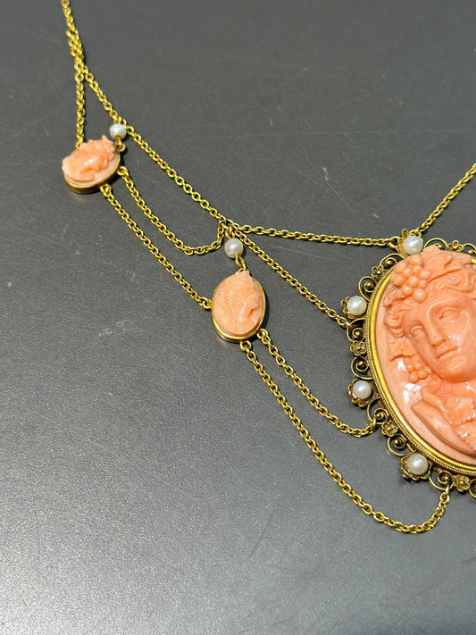 Antique 14K Gold Coral Cameo and Pearl Lavaliere Necklace