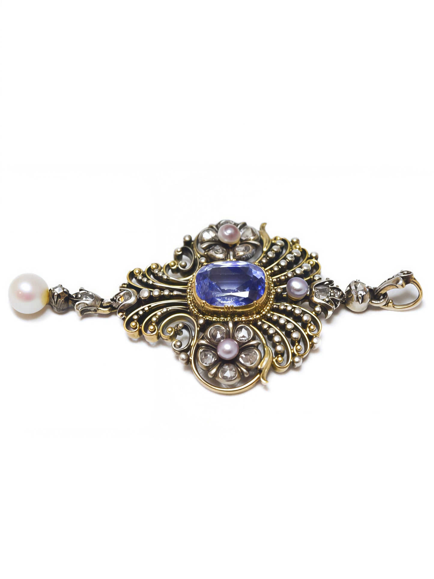 Antique 14K Gold Topped Silver 3.64 CTW GIA No Heat Ceylon Sapphire Diamond Pearl Motif Pendant