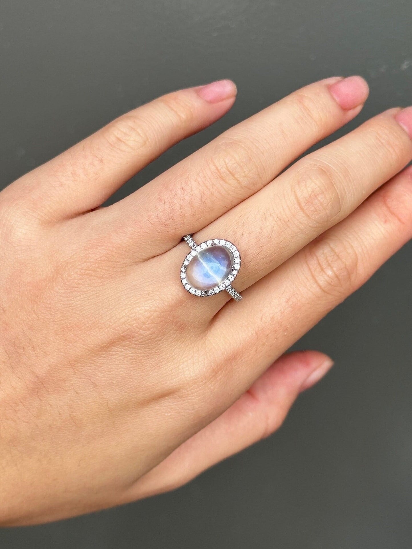 Platinum Moonstone Diamond Halo Ring