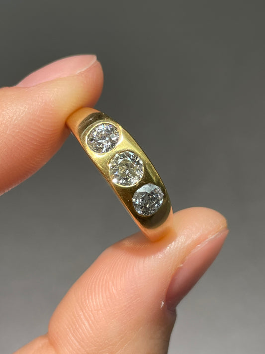 Antique 14K Gold Three Stone Old Mine Cut Diamond Gypsy Ring