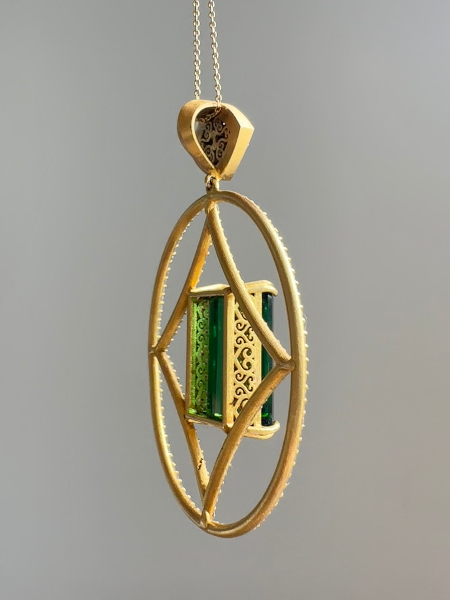 18K Gold Elongated Green Tourmaline Diamond Pendant