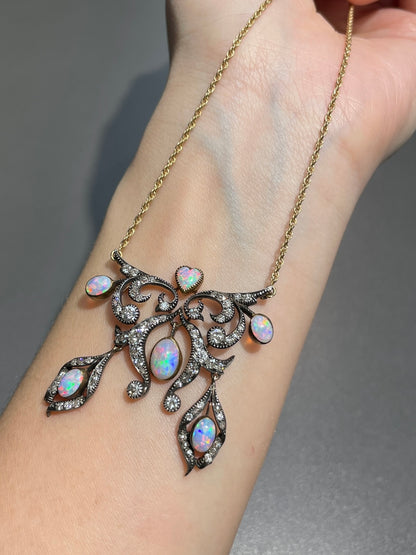 Antique 14K Gold Topped Silver Diamond Opal Lavaliere Pendant
