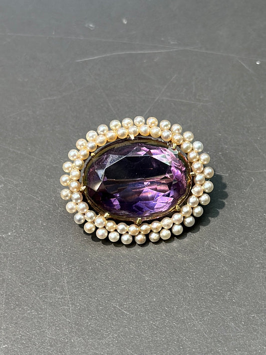 Broche victorienne en or 14 carats avec perles de graines d'améthyste et halo