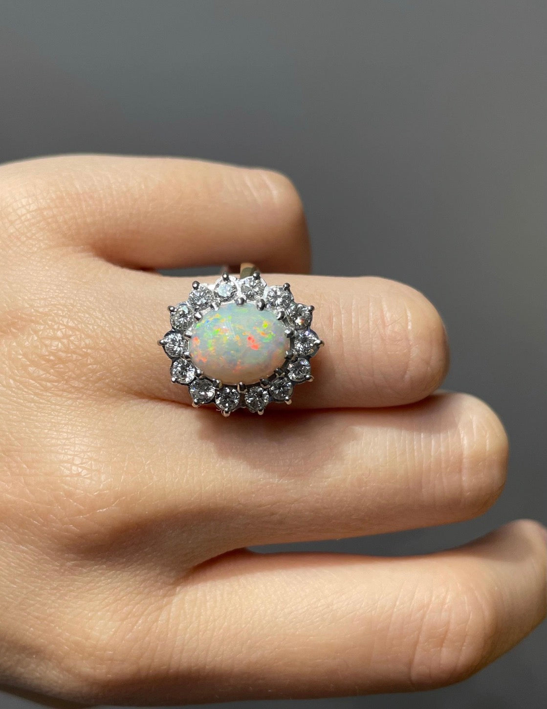 Vintage 18K Yellow Gold 1.12 CTW Opal Diamond Halo Ring
