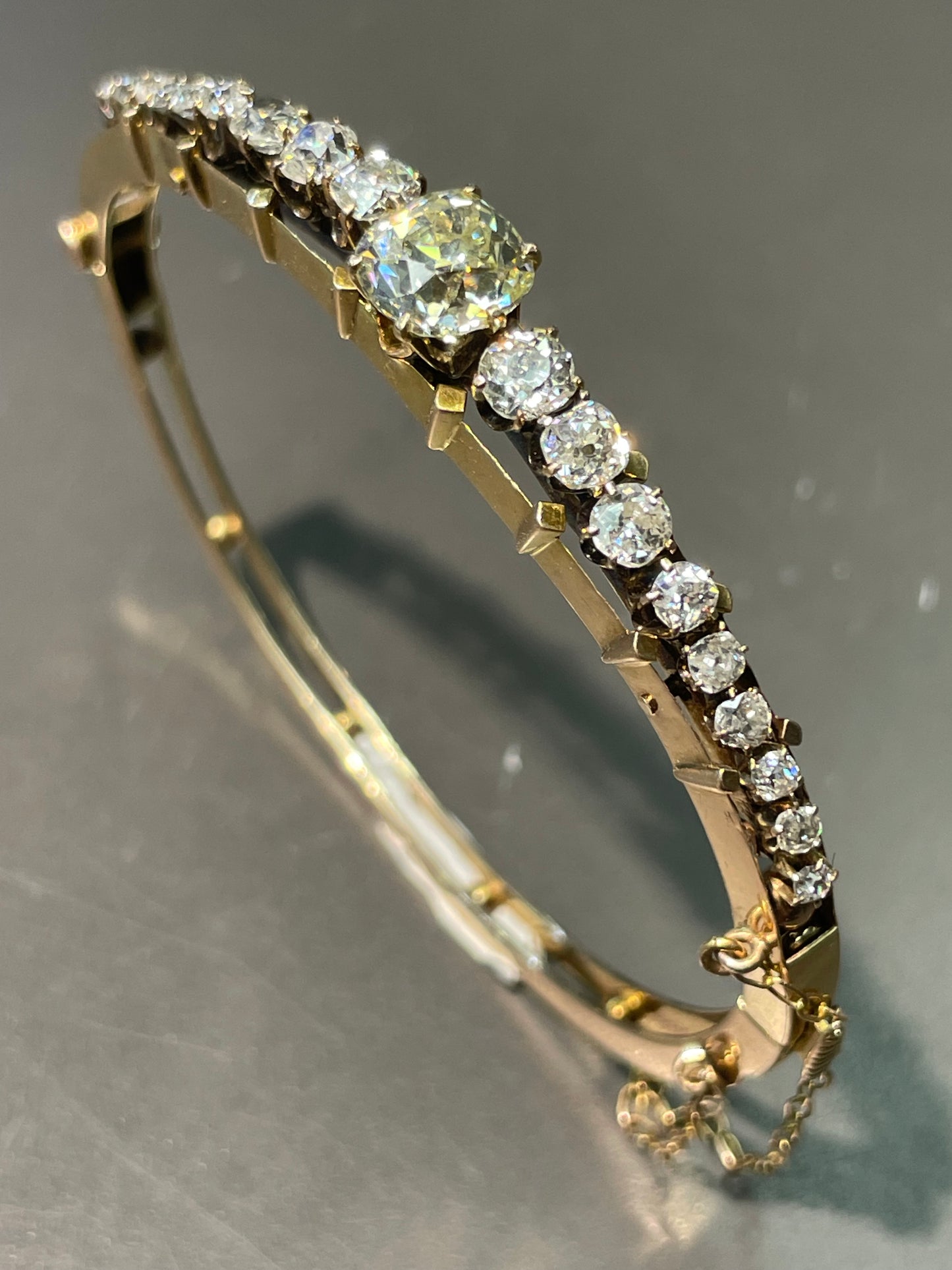 Antique 14K Yellow Gold 5.05 CTW Old Mine Cut Diamond Bangle