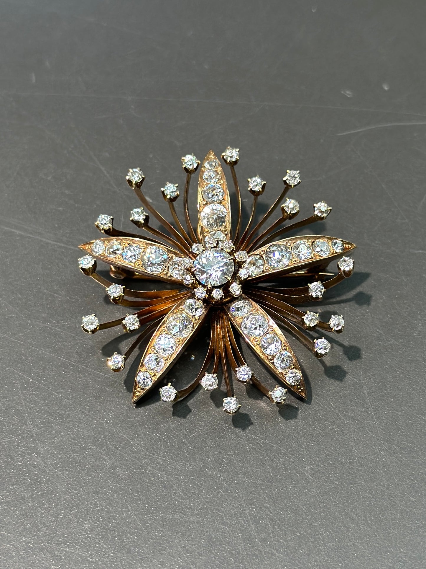 Victorian 14K Gold Diamond Star Flower Brooch Pendant