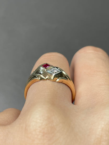 Vintage Retro 14K Yellow Gold 0.06 CTW Diamond Ruby Ring