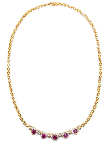 18K Yellow Gold Ruby Diamond Halo Heart Necklace