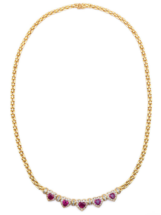 18K Yellow Gold Ruby Diamond Halo Heart Necklace
