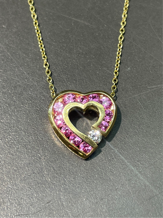Charles Krypell 18K 金粉红蓝宝石钻石心形滑动吊坠
