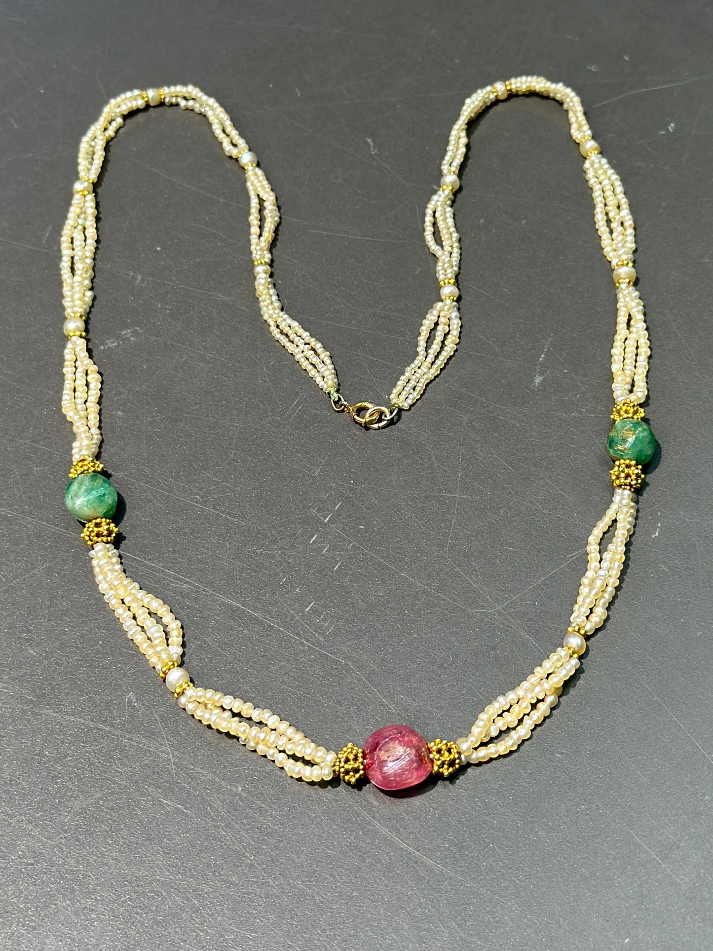 Antique Multi-Strand Natural Saltwater Pearl Emerald Ruby Necklace