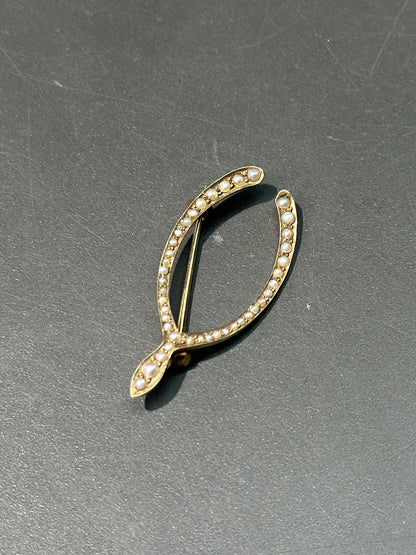 古董 14K 金种子珍珠许愿骨胸针