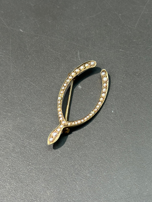 古董 14K 金种子珍珠许愿骨胸针