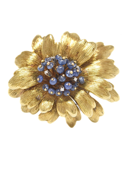 Vintage Tiffany & Co. 18K Gold Sapphire Diamond Flower Brooch