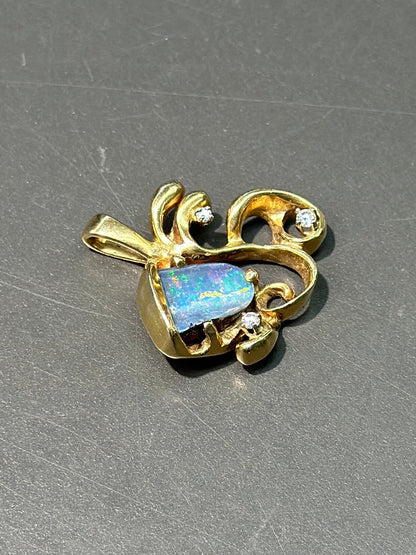 复古 14K 金砾石蛋白石钻石吊坠