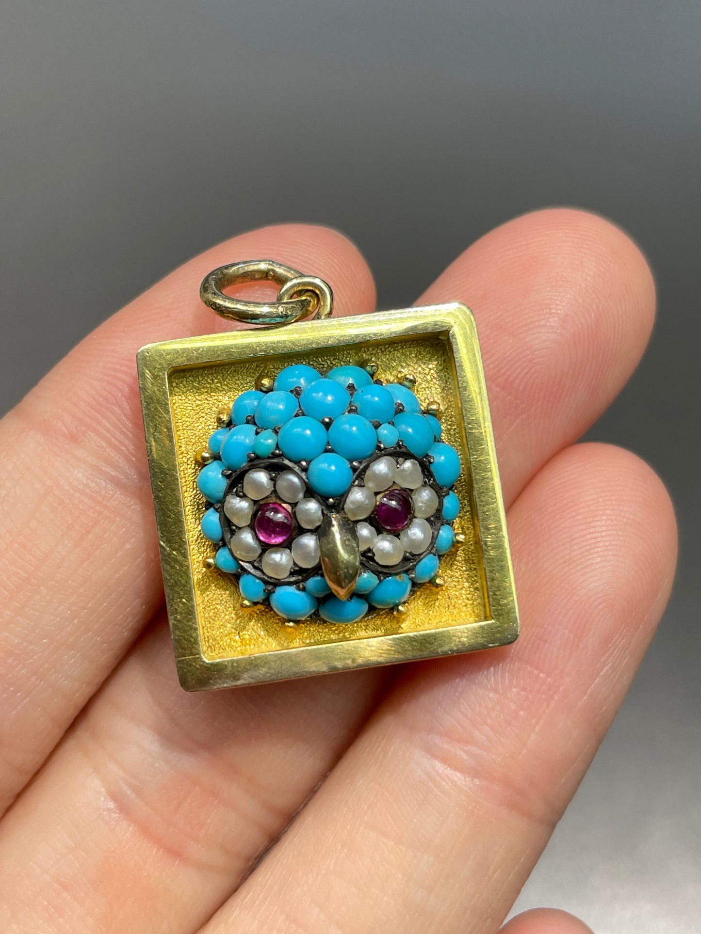 Victorian 14K Gold Turquoise Ruby Pearl Owl Pave Pendant