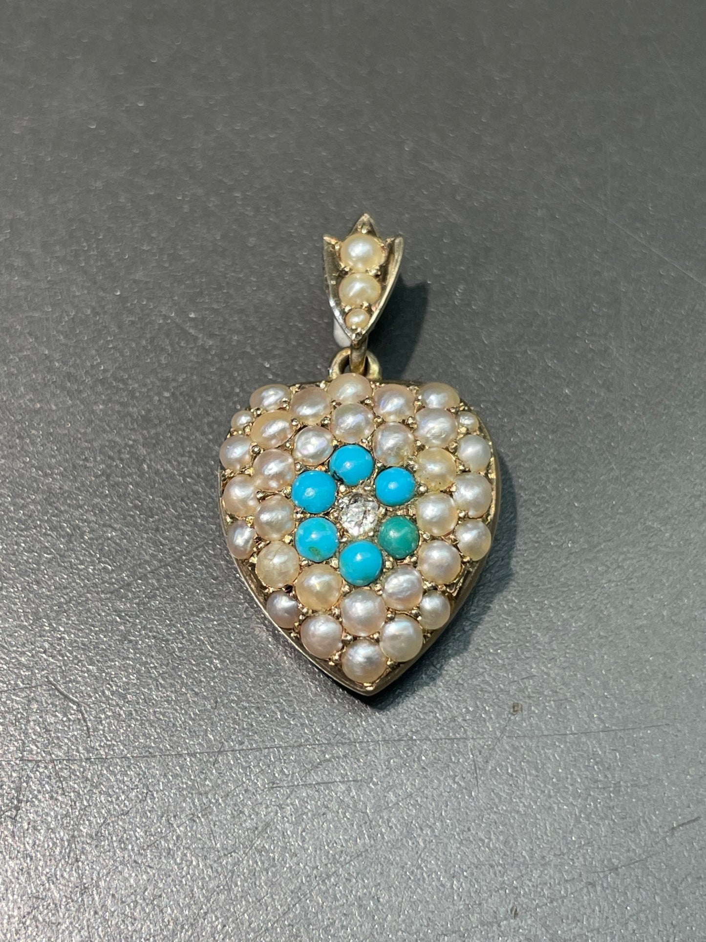 Antique Victorian 15K Yellow Gold Turquoise Pearl Diamond Heart Pendant