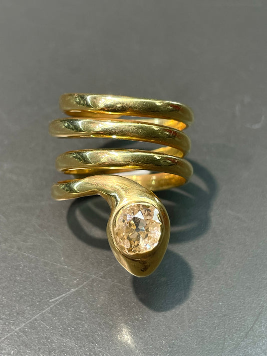Antique Austro Hungarian 14K Gold 1.08 CTW Diamond Coiled Snake Ring