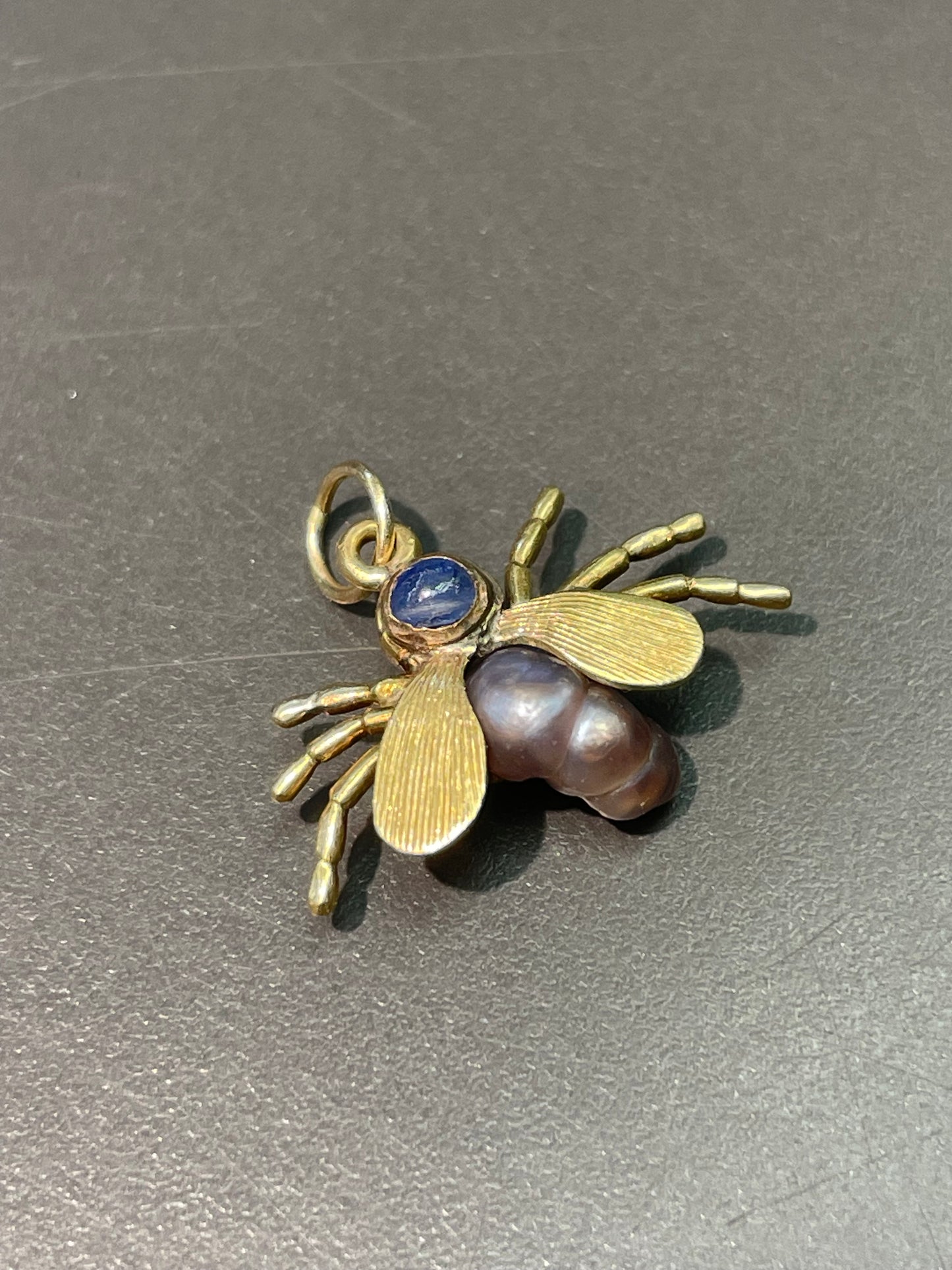 古董 14K 金天然珍珠星光蓝宝石蜘蛛吊饰