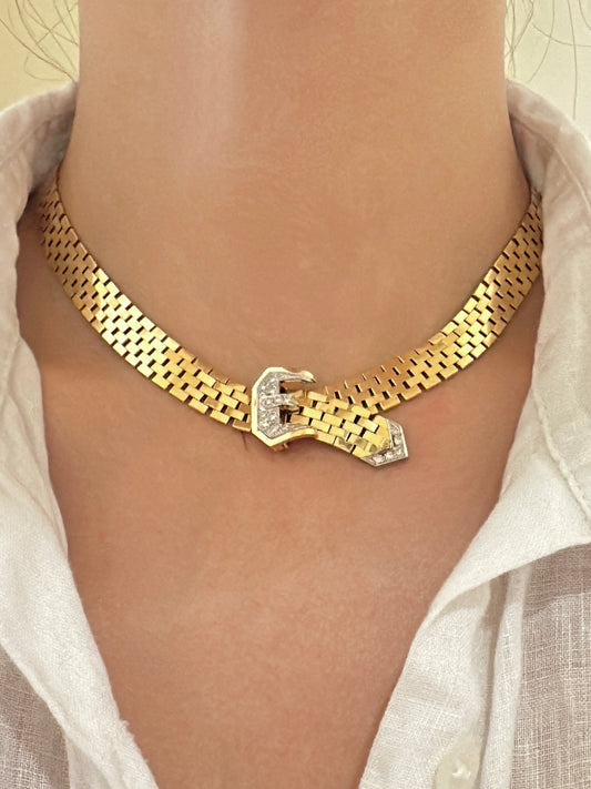 Retro 14K Gold Diamond Adjustable Buckle Necklace