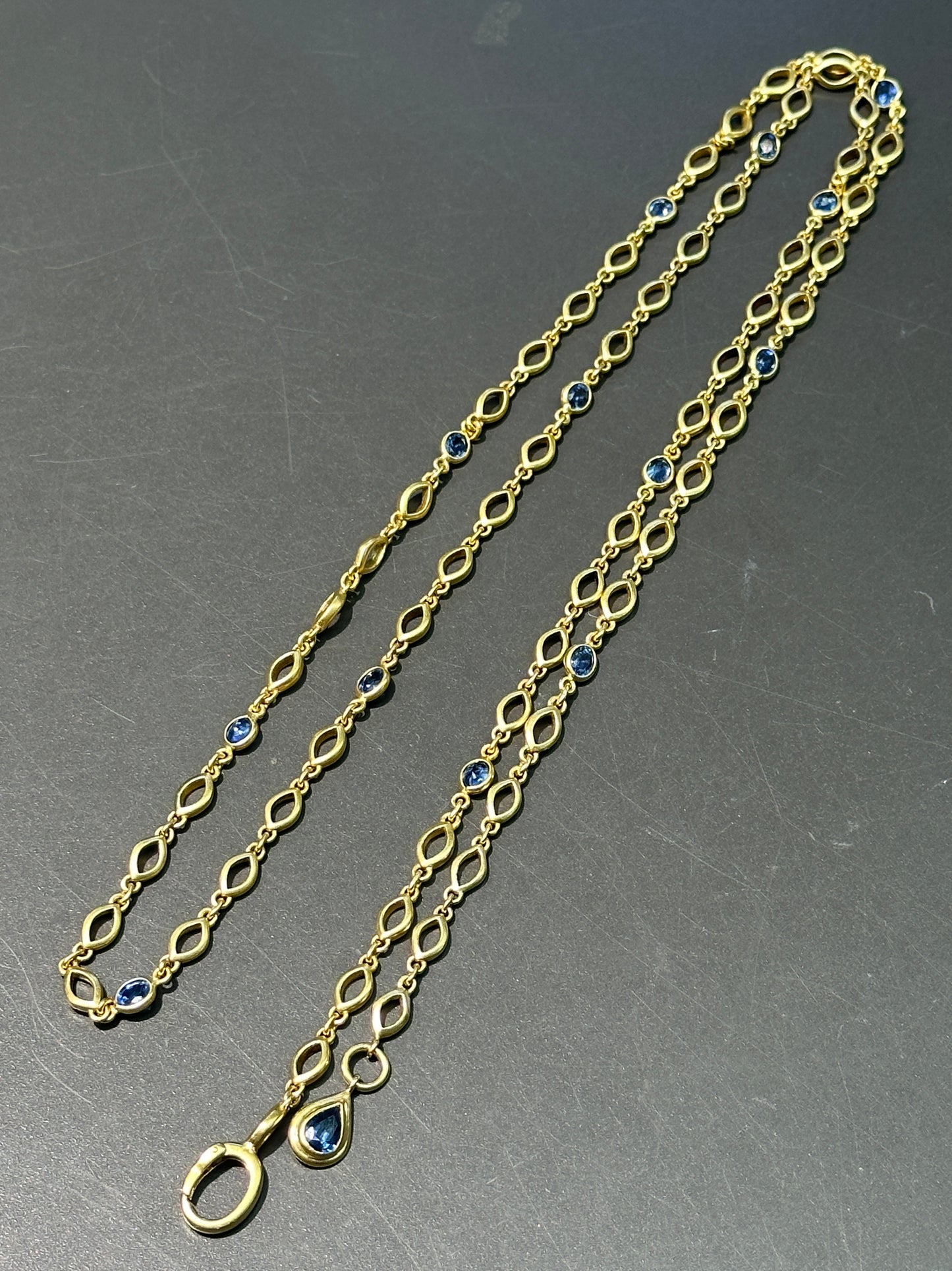 18K Gold Natural Sapphire Station Chain Necklace 33.5 inch