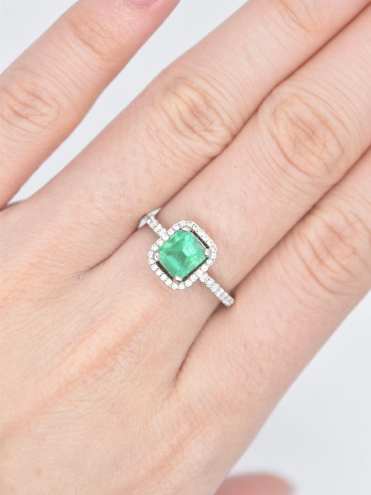 Platinum Emerald Cut Colombian Emerald and Diamond Halo Ring Size 6