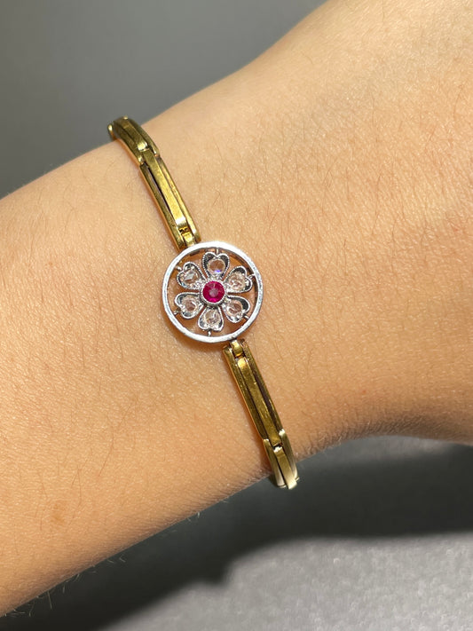 Antique 18K Gold Diamond Ruby Floral Cluster Mesh Bracelet