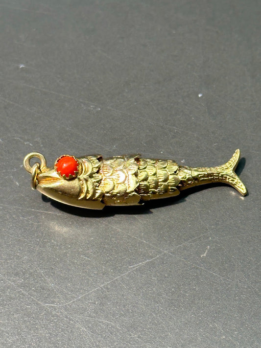 Vintage 18K Gold Coral Articulated Fish Pendant