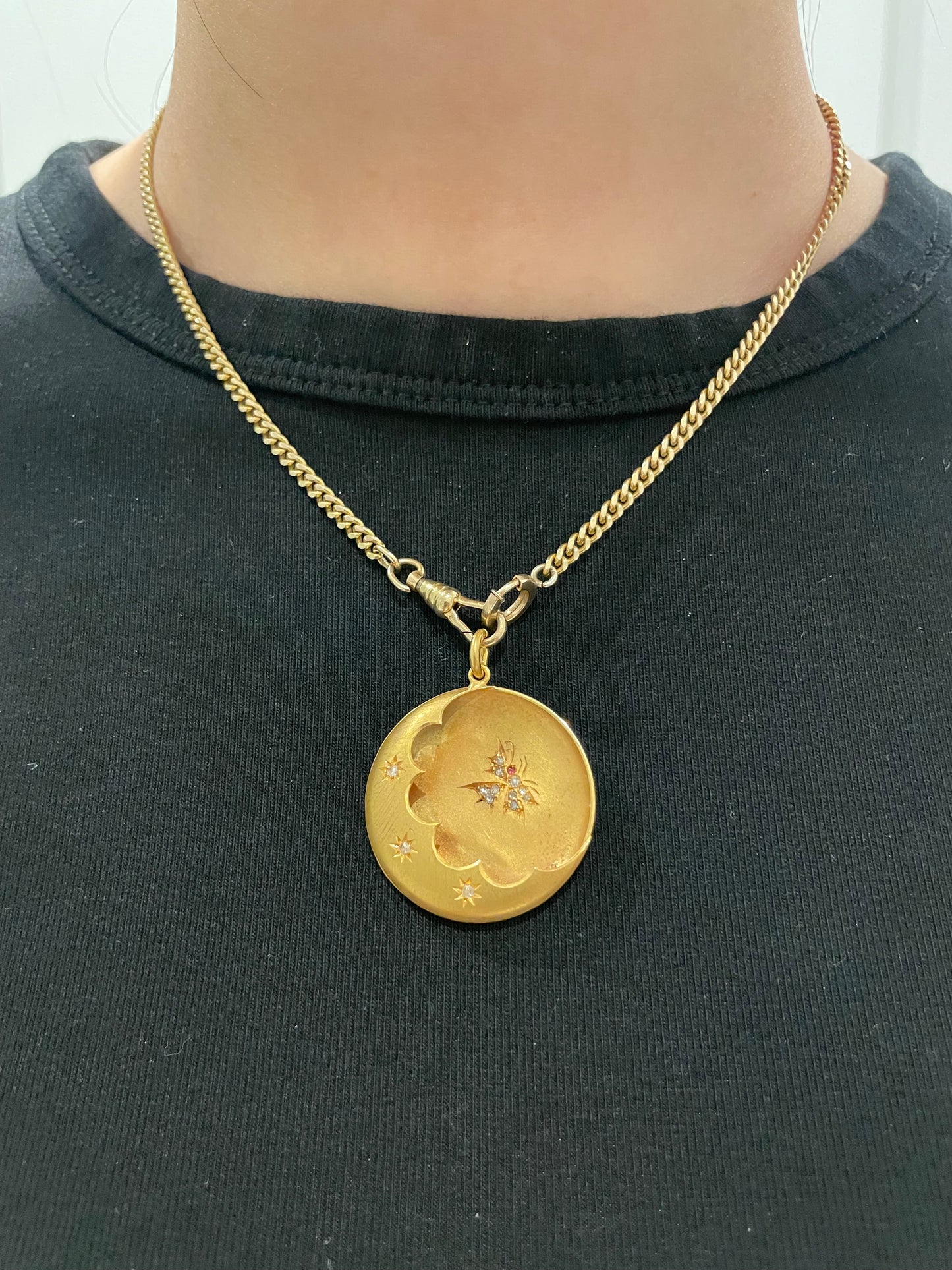 古董 14K 金钻石蝴蝶新月吊坠