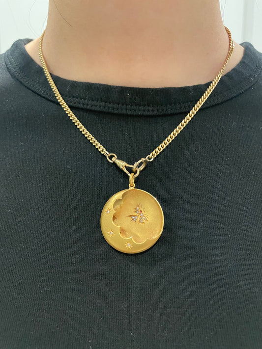 古董 14K 金钻石蝴蝶新月吊坠