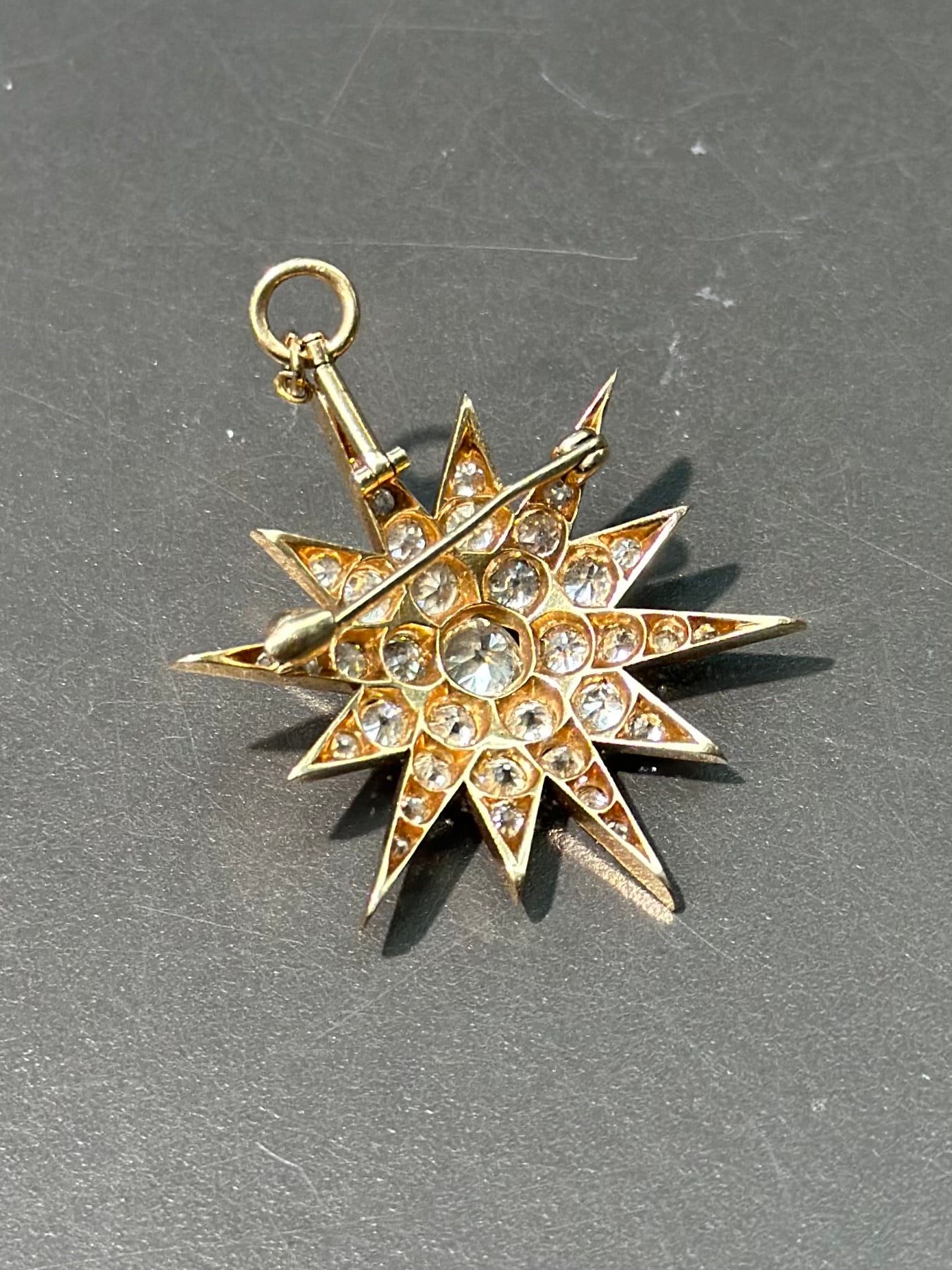 Victorian 14K Gold Diamond Starburst Pendant Brooch