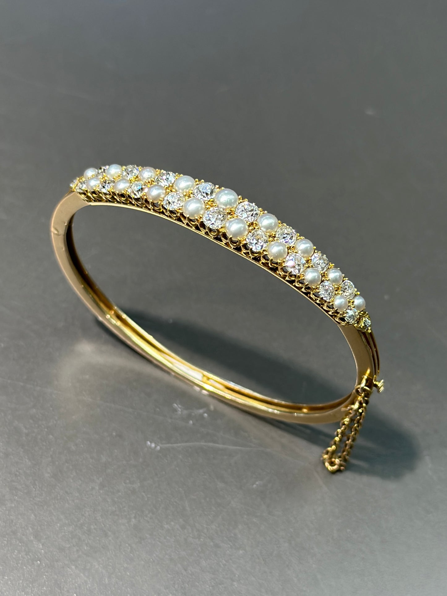 Victorian 15K Gold Natural Saltwater Pearl and Diamond Bangle