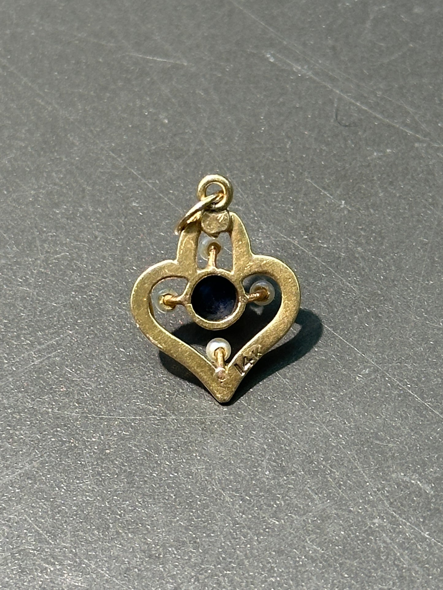 Art Nouveau 14K Yellow Gold Sapphire White Enamel Motif Charm