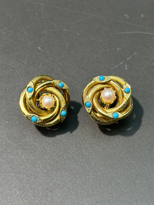 Victorian 18K Gold Turquoise Pearl Love Knot Earring