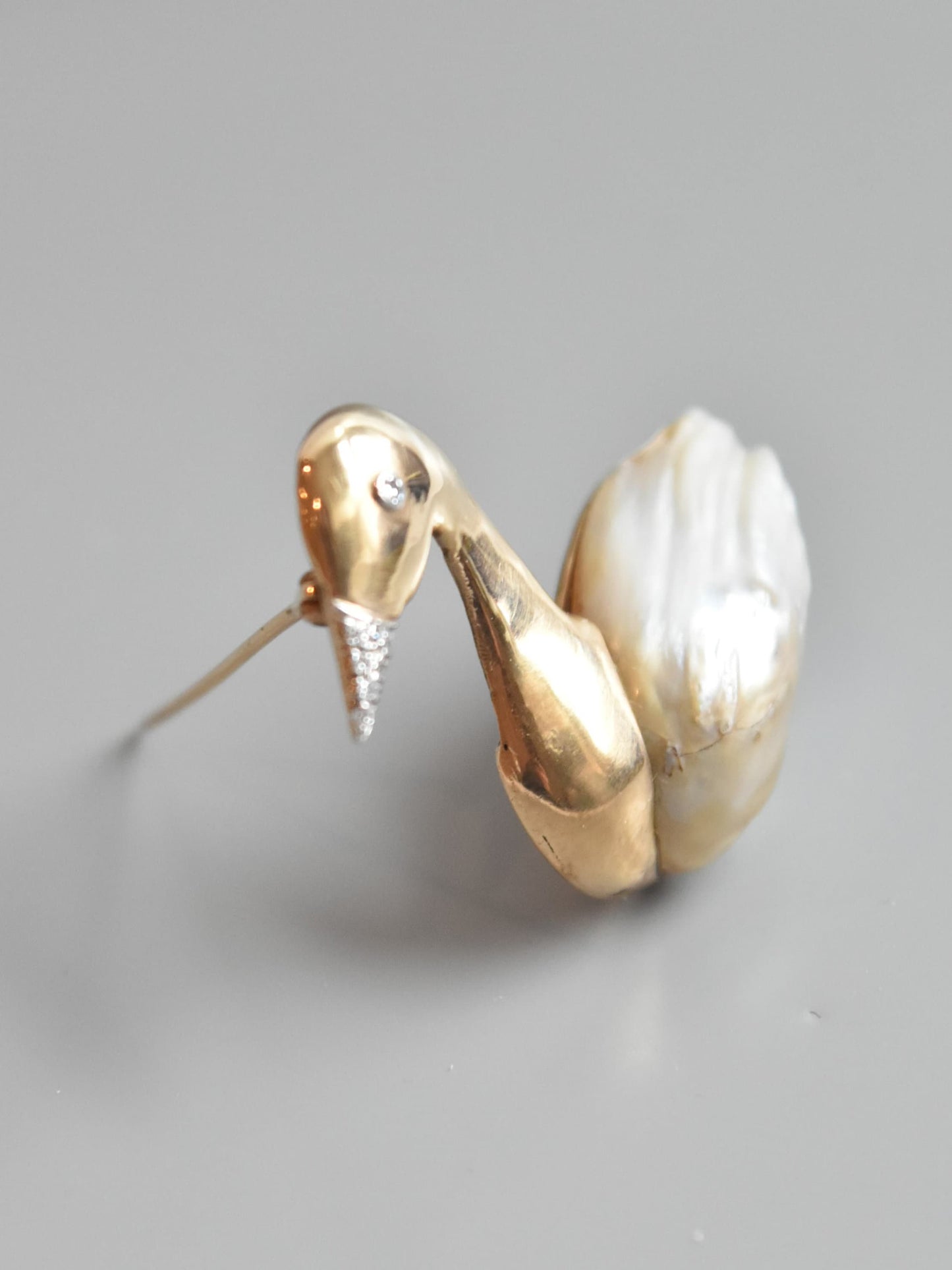 复古 14K 金珍珠钻石天鹅胸针