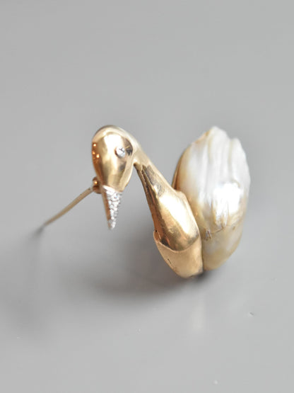 复古 14K 金珍珠钻石天鹅胸针
