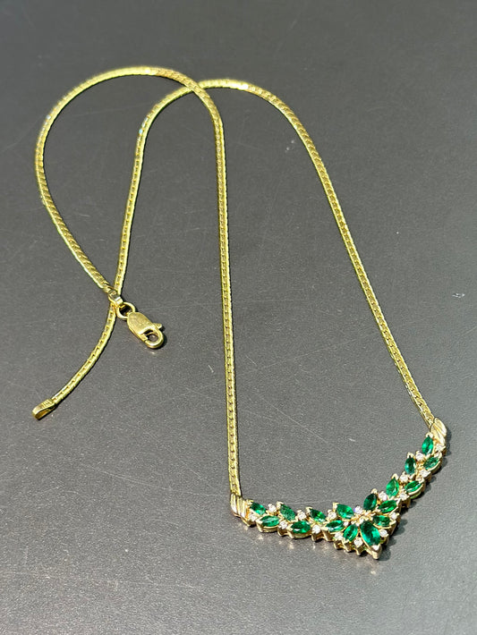 Vintage 14K Gold Marquise Emerald Diamond Cluster Necklace