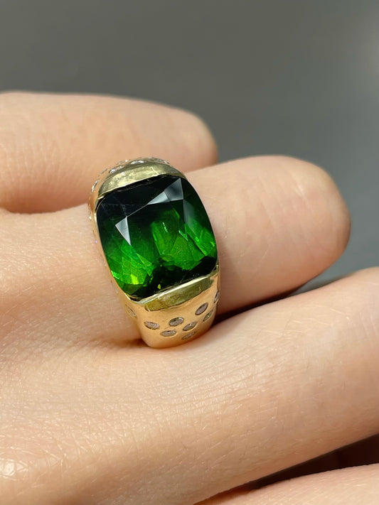 18K Yellow Gold 8.7 CTW Green Tourmaline Diamond Ring