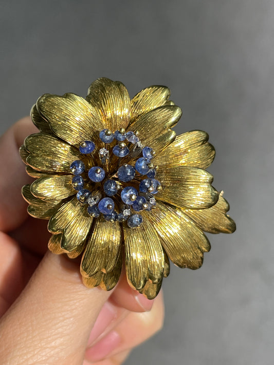 Vintage Tiffany & Co. 18K Gold Sapphire Diamond Flower Brooch